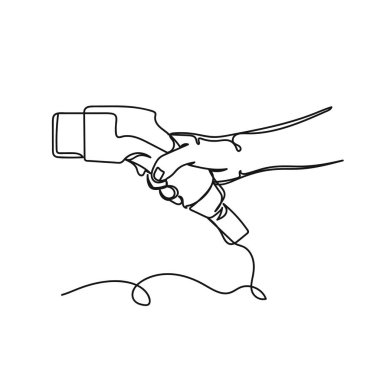 Vektör soyut sürekli tek bir basit çizgi çizimi siluet çizimi içinde elektrikli araba şarj aleti tutan simge.