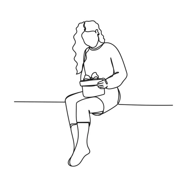 矢量抽象连续一个简单线条画的女孩坐的图标在剪影草图中打开圣诞礼物 — 图库矢量图片
