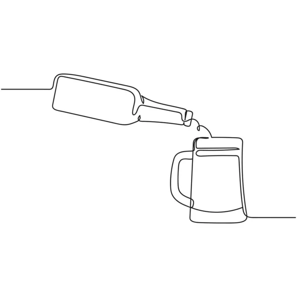 ビールボトルのベクトル抽象連続一本のシンプルな線画のアイコンとシルエットのスケッチでビールとおいしいマグカップ — ストックベクタ