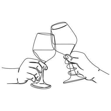 Soyut vektör sürekli tek bir basit çizgi çizerek şarap kadehlerini siluet çiziminde kızartıyorlar..