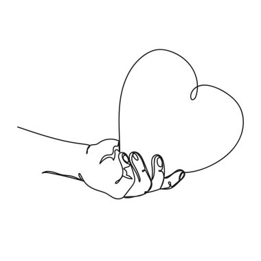 Vektör soyut sürekli tek bir basit çizgi çizimi siluet çizimi içinde el ele tutuşma sembolü kalp simgesi.