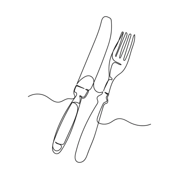 フォークとナイフのベクトル抽象連続一本の単純な線画のアイコンのシルエットのスケッチ — ストックベクタ