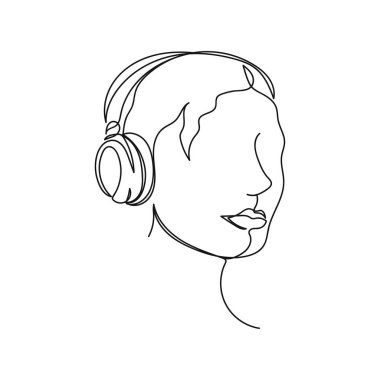 Vector soyut sürekli tek bir basit çizgi çizimi kadın siluet çizim müzik ikonu dinleyin.