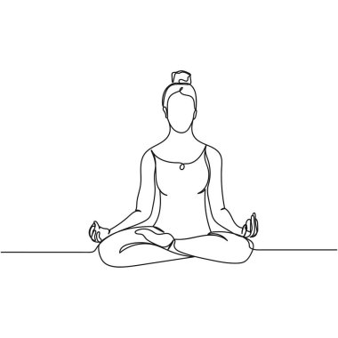 Vektör soyutlaması sürekli tek bir basit çizgi çizimi yoga eğitmeni kadının silüet çizimi.