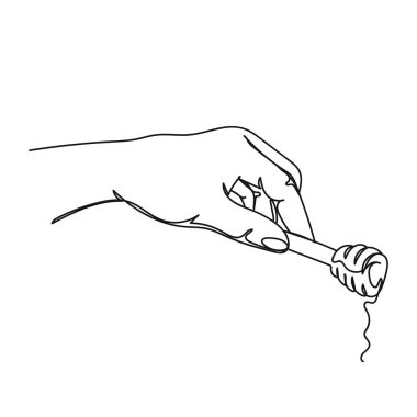 Vektör soyut sürekli tek bir basit çizgi çizim simgesi elinde bal ile maske tıbbi siluet çizim.