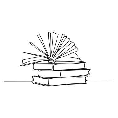 Beyaz arkaplanda siluet çizimi içinde bir yığın kitap üzerinde tek bir satır çizim simgesi açılır..