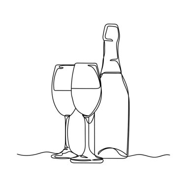 Vector soyut sürekli tek bir basit çizgi beyaz arkaplanda iki şampanya kadehi ve şarap şişesi resmi çiziyor..