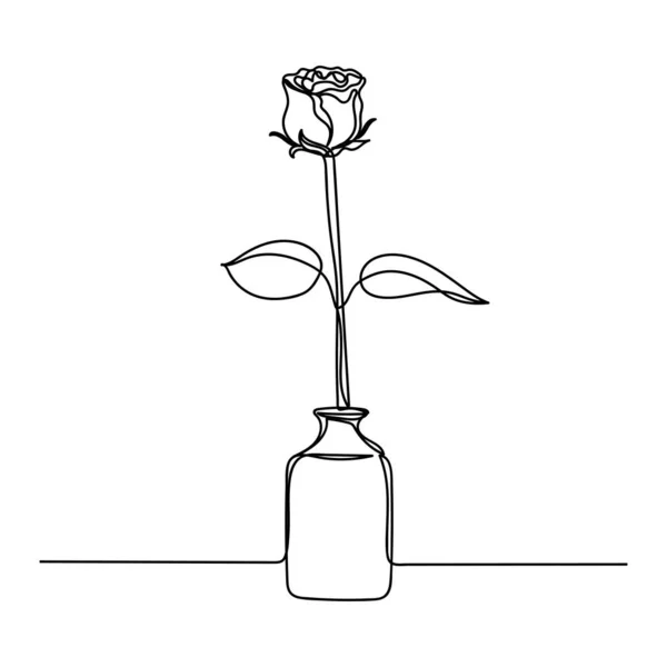 白色背景上美丽玫瑰花瓶素描的矢量抽象连续的单行画图图标 — 图库矢量图片