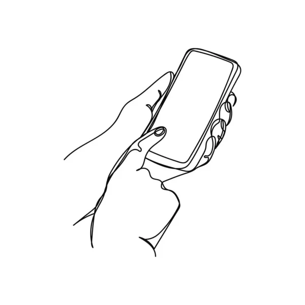 矢量在白色背景上的轮廓草图中 手握智能手机的单个简单线条绘图图标 — 图库矢量图片