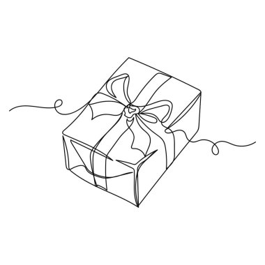 Vektör soyut sürekli tek bir basit satır çizimi hediye kutusunun siluet çizimi beyaz arkaplan üzerine çizim.