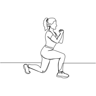 Vektör soyut sürekli tek bir basit çizgi çizimi siluet skecinde spor yapan kadın ikonu.