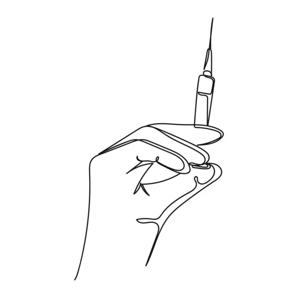 手に注射器を入れたワクチンボトルをシルエットのスケッチで手描きのベクトル抽象連続一本のシンプルな線画アイコン — ストックベクタ