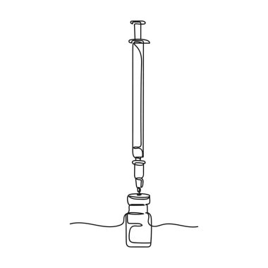 Siluet çizimine şırınga ve aşı ikonu çizerek soyut ve sürekli bir çizgi çizer.