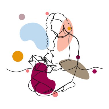 Vector soyut sürekli tek bir basit çizgi kız ile şişe ikonu çizmek silüet çizim noel hediyeleri açar.