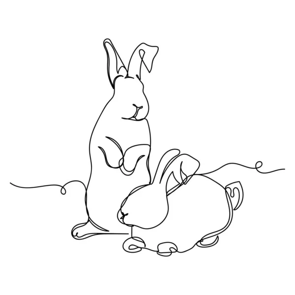 Непрерывный Один Простой Однострочный Рисунок Милых Кроликов Иконки Силуэте Белом — стоковый вектор