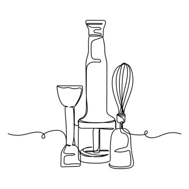 Beyaz bir arkaplanda, el blender simgesinin sürekli, basit bir çizgi çizimi. Doğrusal biçimlendirilmiş.