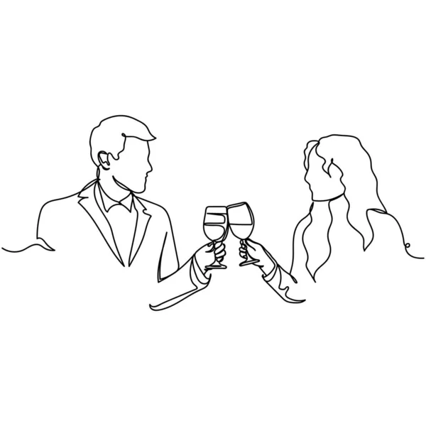 Continu Dessin Simple Ligne Simple Beau Couple Avec Verres Vin — Image vectorielle