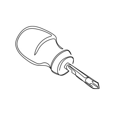 Beyaz bir arkaplanda siluet şeklinde tek bir çizgi halinde çapraz başlı tornavida ikonu çizmeye devam et. Doğrusal biçimlendirilmiş.