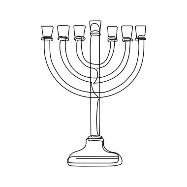 Hanuka menorah simgesinin beyaz arkaplandaki silüetinde sürekli tek bir çizgi çizimi. Doğrusal biçimlendirilmiş.