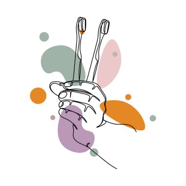 Beyaz arka planda diş fırçası ikonu olan basit bir el çizimi devam ediyor. Doğrusal biçimlendirilmiş.