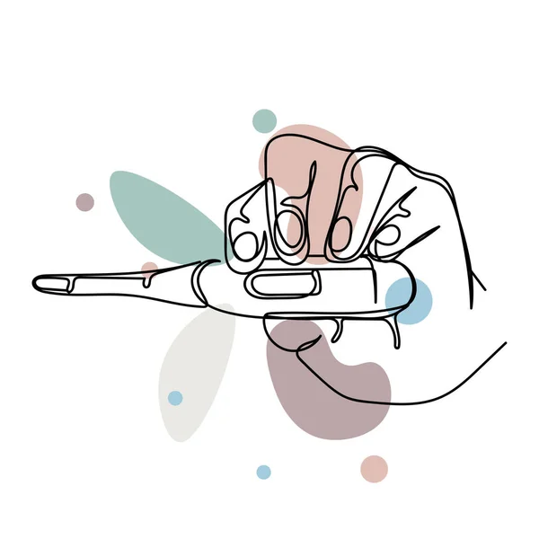 Continuous One Simple Single Line Drawing Hand Holding Electronic Thermometer — 图库矢量图片