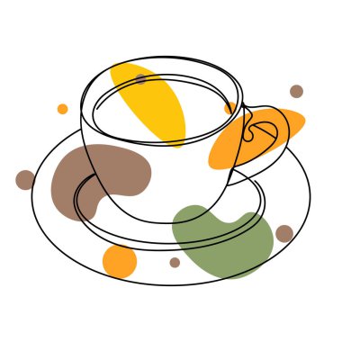 Süreklilik, fincanın tek bir çizgisi üzerinde beyaz arka planda fincan tabağı simgesi olan basit bir çizim. Doğrusal biçimlendirilmiş.