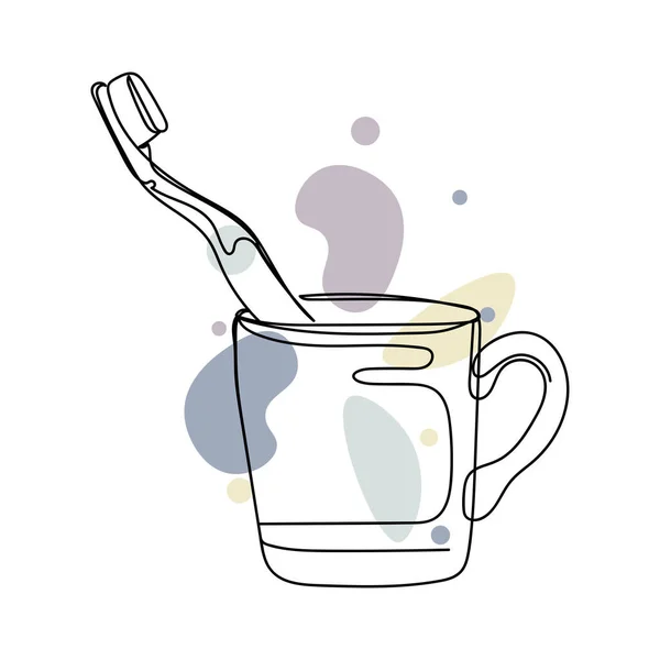 Continuous One Simple Single Line Drawing Mug Contain Toothbrush Icon — Stock Vector