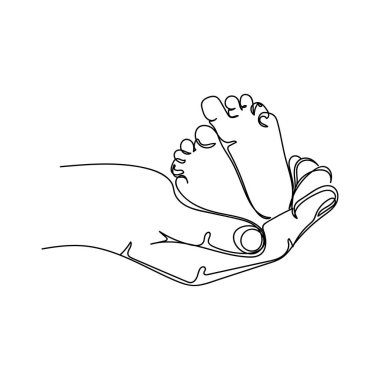 Continuous one simple single line drawing of baby newborn on the mother hand icon in silhouette on a white background. Linear stylized.