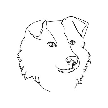 Beyaz arka planda küçük pofuduk köpek simgesinin sürekli tek bir soyut çizgi çizimi. Doğrusal biçimlendirilmiş.