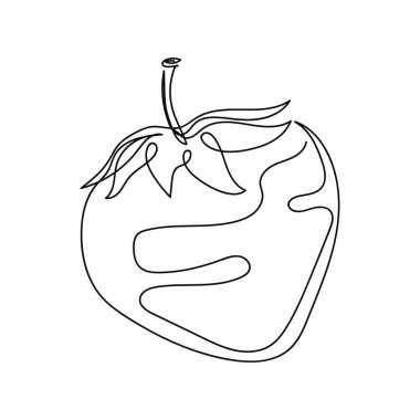 Beyaz bir arkaplanda siluette çilek ikonunun sürekli tek bir soyut çizimi. Doğrusal biçimlendirilmiş.