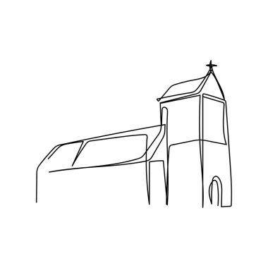 Beyaz bir arkaplanda siluet şeklinde basit bir kilise ikonu çizimi devam ediyor. Doğrusal biçimlendirilmiş.