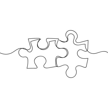 Beyaz bir arkaplanda silüet halinde iki adet yapboz parçasının tek bir basit çizgi çizimi devam ediyor. Doğrusal biçimlendirilmiş.