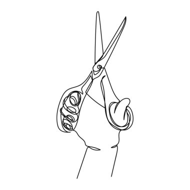 Beyaz bir arkaplanda, el ele tutuşan makas simgesinin sürekli, tek bir soyut çizgi çizimi. Doğrusal biçimlendirilmiş.