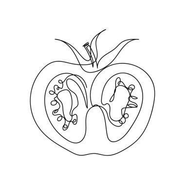Beyaz bir arkaplan üzerinde domates ikonunun silüeti olan tek bir basit çizgi çizimi devam ediyor. Doğrusal biçimlendirilmiş.