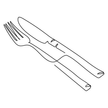 Çatal ve bıçak simgesinin beyaz bir arkaplanda sürekli tek bir soyut çizimi. Doğrusal biçimlendirilmiş.