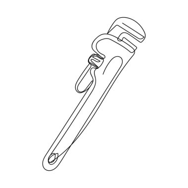 Beyaz bir arkaplanda İngiliz anahtarı simgesinin silüetinde tek bir basit çizgi çizimi devam ediyor. Doğrusal biçimlendirilmiş.