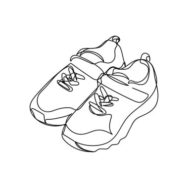 Beyaz bir arkaplanda silüet halinde koşu ayakkabısı ikonunun tek bir basit çizgisi devam ediyor. Doğrusal biçimlendirilmiş.