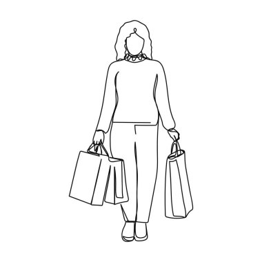 Beyaz bir arkaplanda silüet halinde kadın alışveriş torbalarının basit bir çizimi devam ediyor. Doğrusal biçimlendirilmiş.