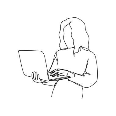 Beyaz arka planda dizüstü bilgisayar ikonu olan basit bir kız öğrencinin çizimi devam ediyor. Doğrusal biçimlendirilmiş.