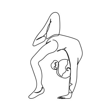 Beyaz arka planda jimnastik simgesini silüetle çizen bir kızın sürekli tek bir soyut çizimi. Doğrusal biçimlendirilmiş.