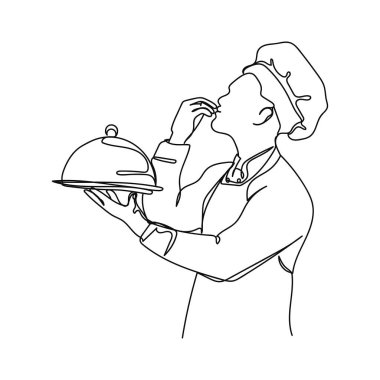 Beyaz arka planda silüet halinde erkek şef ikonunun sürekli tek bir soyut çizimi. Doğrusal biçimlendirilmiş.