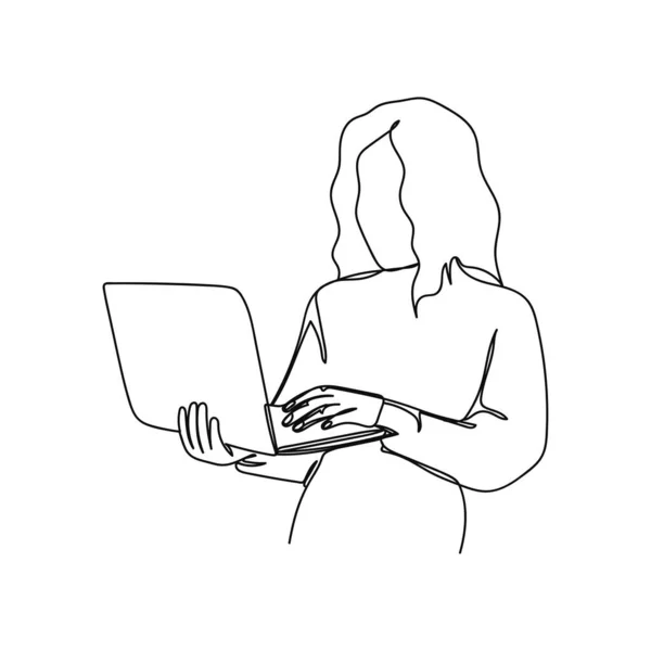 白い背景にシルエットにラップトップのアイコンを持つ女性学生の連続的な1つの単純な単抽象的な線画 線形形式 — ストックベクタ