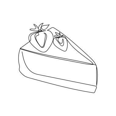 Beyaz arka planda tatlı, leziz bir cheesecake ikonunun sürekli, basit, soyut bir çizimi. Doğrusal biçimlendirilmiş.