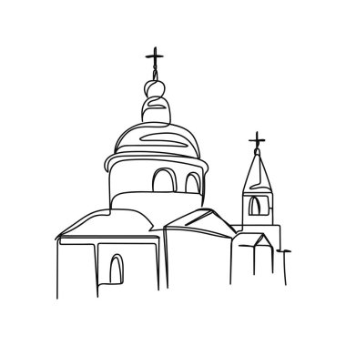 Beyaz arka planda siluet içinde güzel bir kilise ikonu içinde tek bir basit soyut kadın çizimi devam ediyor. Doğrusal biçimlendirilmiş.