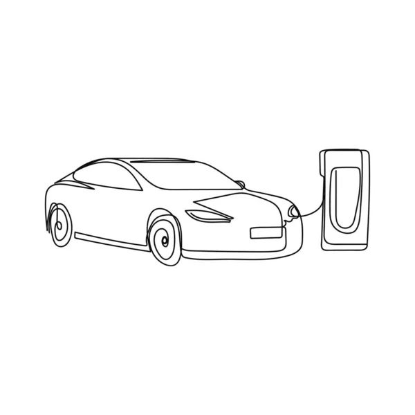 在一个白色背景的轮廓上 在充电站图标上连续绘制一个简单 抽象的电动车线条 线性风格化 — 图库矢量图片