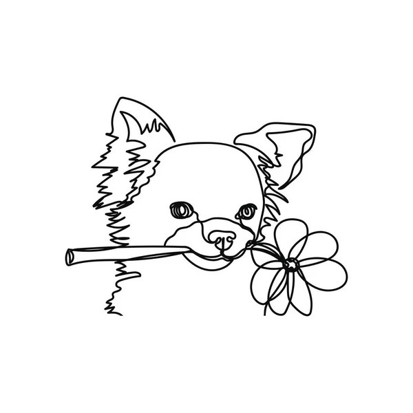 Continuous One Simple Single Abstract Line Drawing Dog Holding Flower — Stock Vector