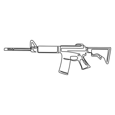 Beyaz arka planda siluet içinde modern otomatik tüfek ikonunun tek bir basit soyut çizimi devam ediyor. Doğrusal biçimlendirilmiş.