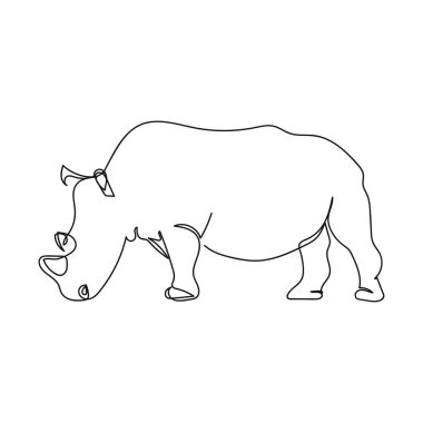 Beyaz arkaplanda siluet halinde basit bir gergedan çizimi devam ediyor. Doğrusal biçimlendirilmiş.