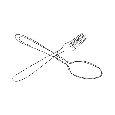 Beyaz arka planda, çatal bıçak kaşığı çatal simgesinin basit, soyut bir çizimi devam ediyor. Doğrusal biçimlendirilmiş.