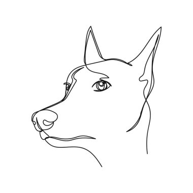 Beyaz arka planda doberman simgesinin silüetinde tek bir basit soyut çizim devam ediyor. Doğrusal biçimlendirilmiş.